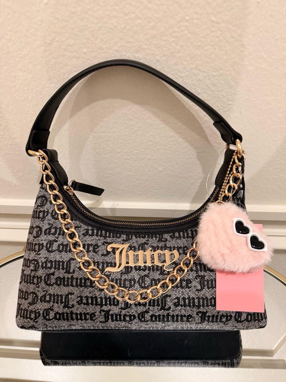 Juicy Couture Black Logo Shoulder Bag with Pink Fur Heart Charm